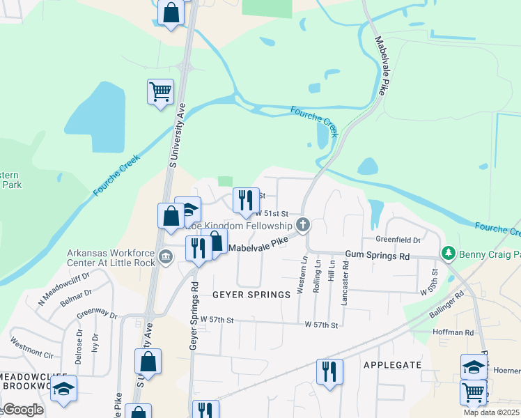 map of restaurants, bars, coffee shops, grocery stores, and more near 5701 West 50th Street in Little Rock