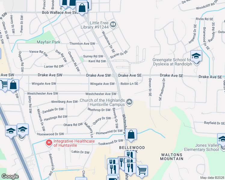 map of restaurants, bars, coffee shops, grocery stores, and more near 109 Wingate Avenue Southwest in Huntsville
