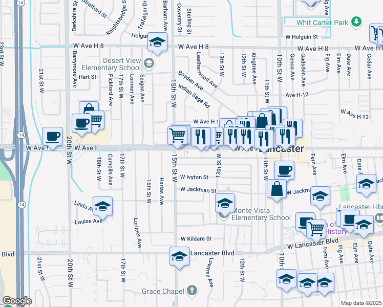 map of restaurants, bars, coffee shops, grocery stores, and more near 1420 West Avenue I in Lancaster