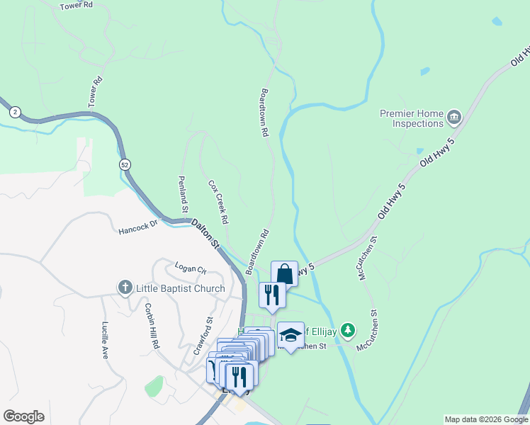 map of restaurants, bars, coffee shops, grocery stores, and more near 175 Boardtown Road in Ellijay