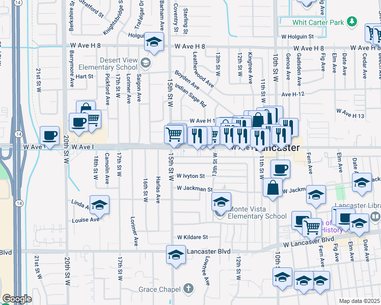 map of restaurants, bars, coffee shops, grocery stores, and more near 1420 West Avenue I in Lancaster