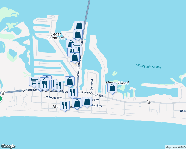 map of restaurants, bars, coffee shops, grocery stores, and more near 200 Shore Drive in Atlantic Beach