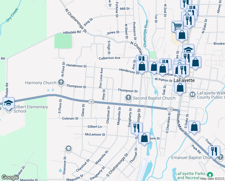 map of restaurants, bars, coffee shops, grocery stores, and more near 214 Magnolia Street in LaFayette