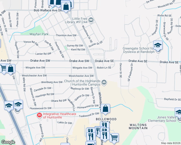 map of restaurants, bars, coffee shops, grocery stores, and more near 109 Wingate Avenue Southwest in Huntsville