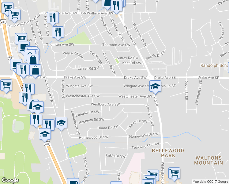 map of restaurants, bars, coffee shops, grocery stores, and more near 211 Wingate Avenue Southwest in Huntsville