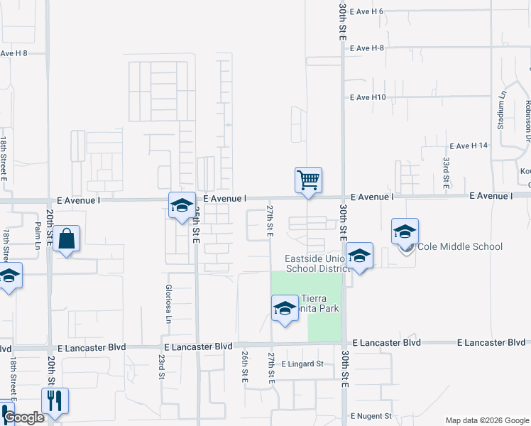 map of restaurants, bars, coffee shops, grocery stores, and more near 45137 27th Street East in Lancaster