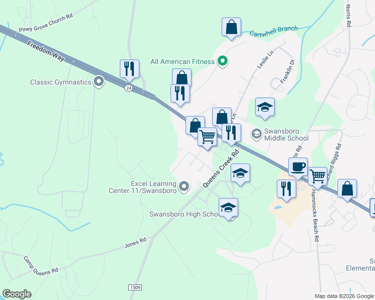 map of restaurants, bars, coffee shops, grocery stores, and more near 15 Pirates Cove Drive in Swansboro