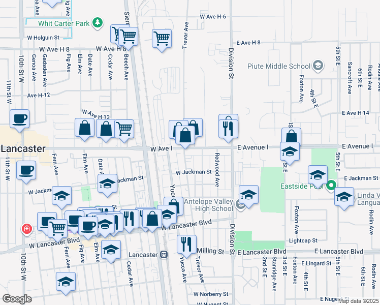 map of restaurants, bars, coffee shops, grocery stores, and more near 334 West Avenue I in Lancaster