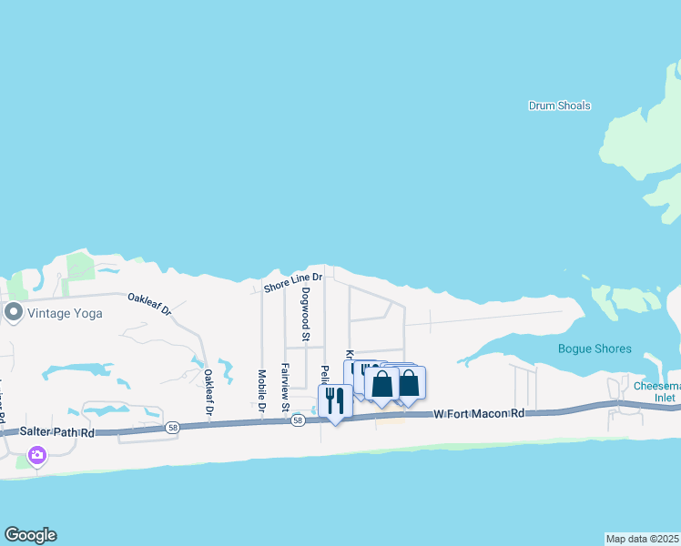 map of restaurants, bars, coffee shops, grocery stores, and more near 302 Forest Knoll Drive in Atlantic Beach