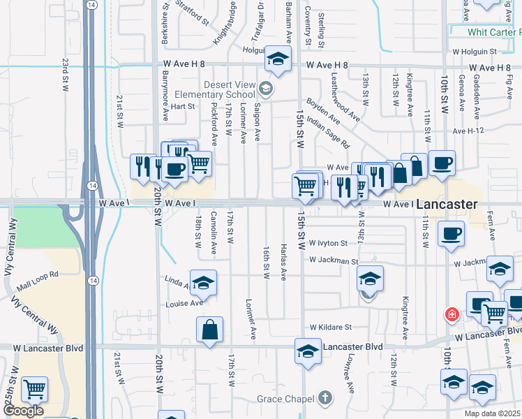 map of restaurants, bars, coffee shops, grocery stores, and more near 45157 16th Street West in Lancaster