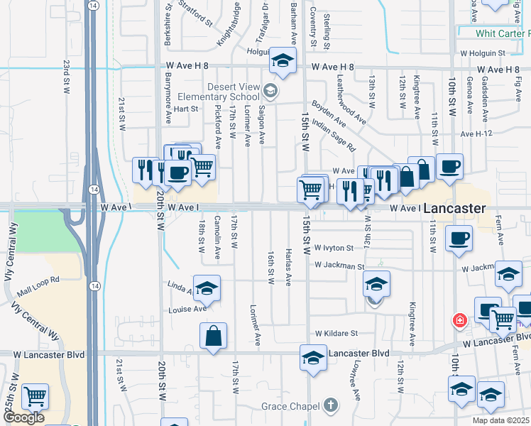 map of restaurants, bars, coffee shops, grocery stores, and more near 45157 16th Street West in Lancaster