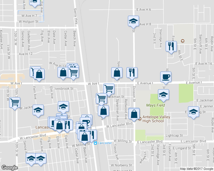 map of restaurants, bars, coffee shops, grocery stores, and more near 45167 Trevor Avenue in Lancaster