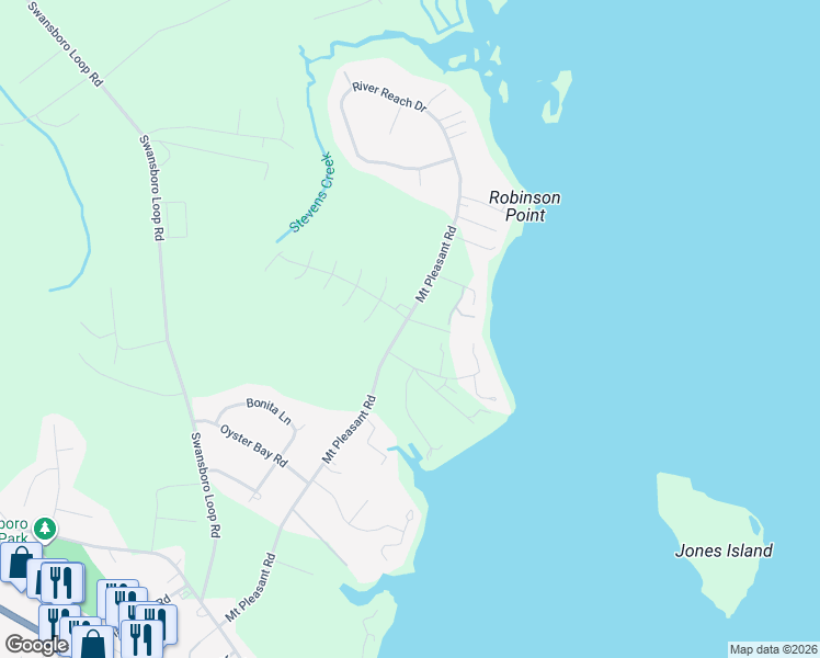 map of restaurants, bars, coffee shops, grocery stores, and more near 1266 Mount Pleasant Road in Swansboro