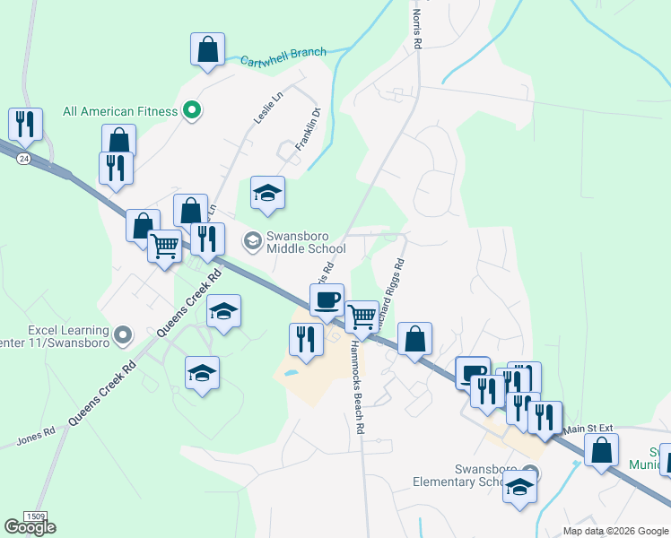 map of restaurants, bars, coffee shops, grocery stores, and more near 132 Norris Road in Swansboro