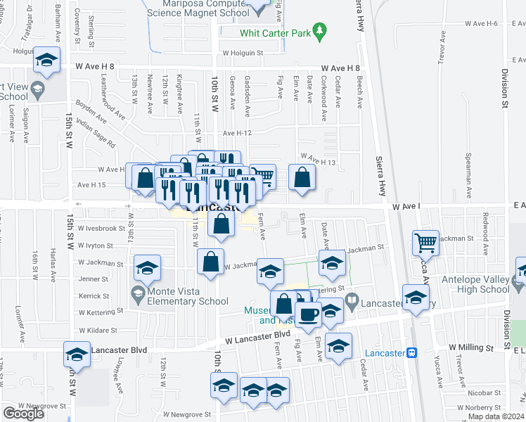map of restaurants, bars, coffee shops, grocery stores, and more near 811 West Avenue I in Lancaster