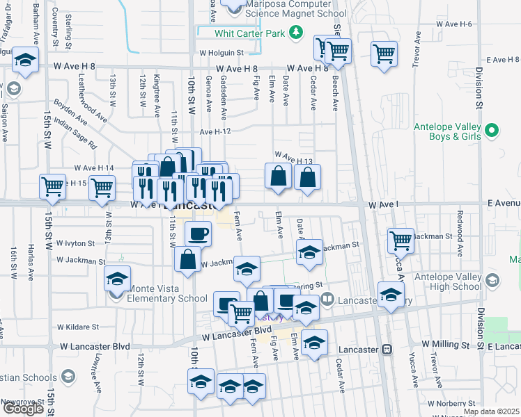 map of restaurants, bars, coffee shops, grocery stores, and more near 700 West Avenue I in Lancaster