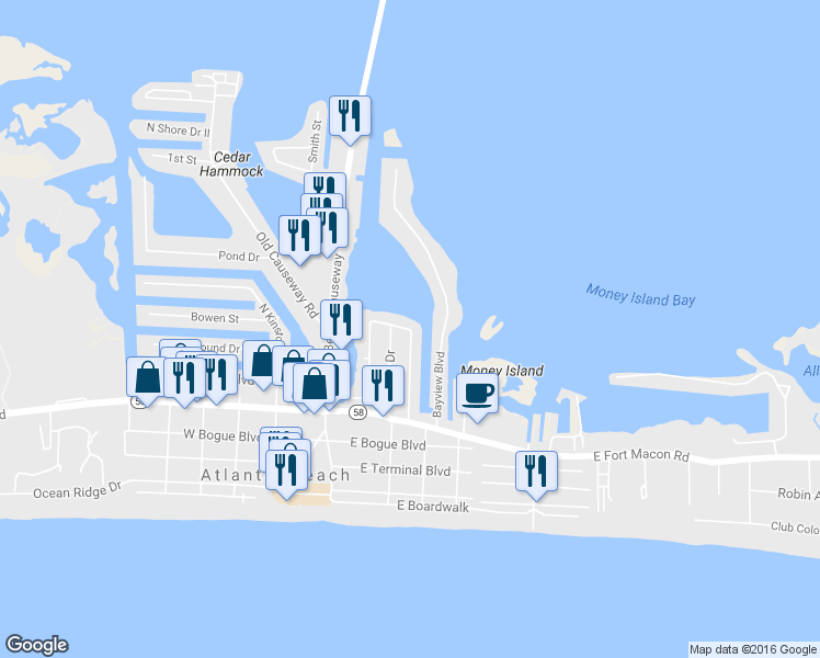 map of restaurants, bars, coffee shops, grocery stores, and more near 258 Shore Drive in Atlantic Beach