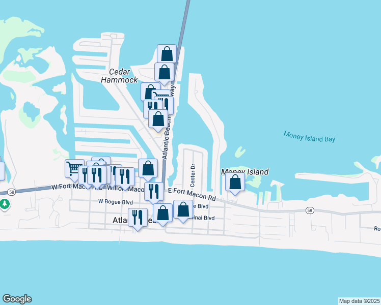 map of restaurants, bars, coffee shops, grocery stores, and more near 102 Shore Drive in Atlantic Beach