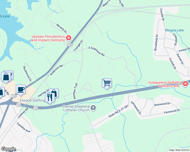 map of restaurants, bars, coffee shops, grocery stores, and more near 404 Whispering Lane in Seneca