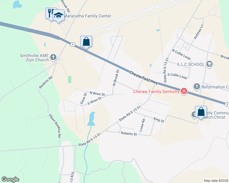 map of restaurants, bars, coffee shops, grocery stores, and more near 111 West Brook Road in Cheraw