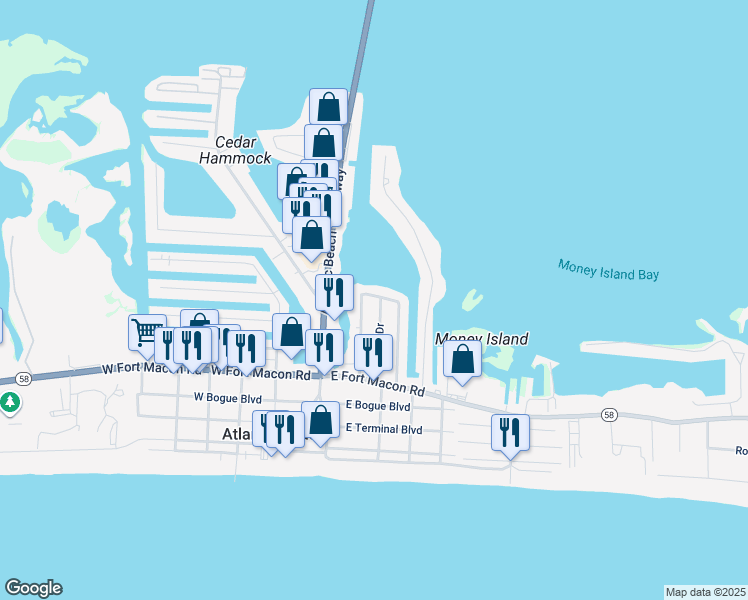 map of restaurants, bars, coffee shops, grocery stores, and more near 102 Shore Drive in Atlantic Beach