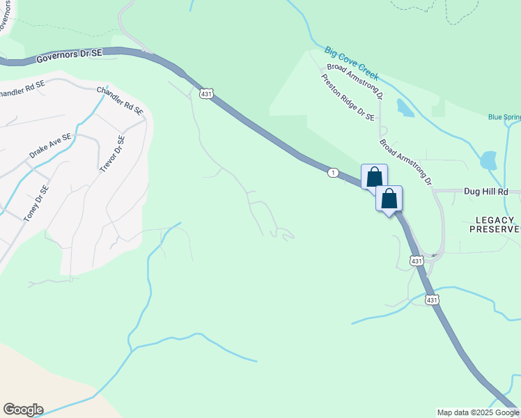 map of restaurants, bars, coffee shops, grocery stores, and more near 27 Asbury Road Southeast in Huntsville