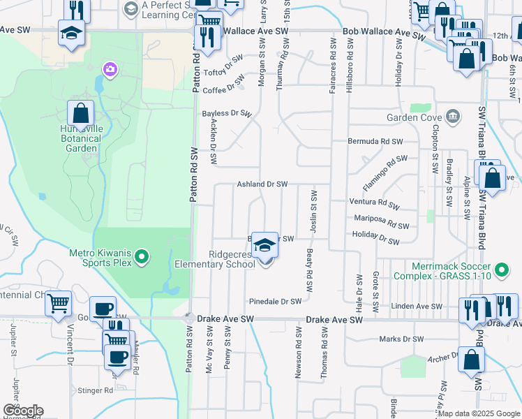 map of restaurants, bars, coffee shops, grocery stores, and more near 3203 Southwest Cerro Vista Street in Huntsville