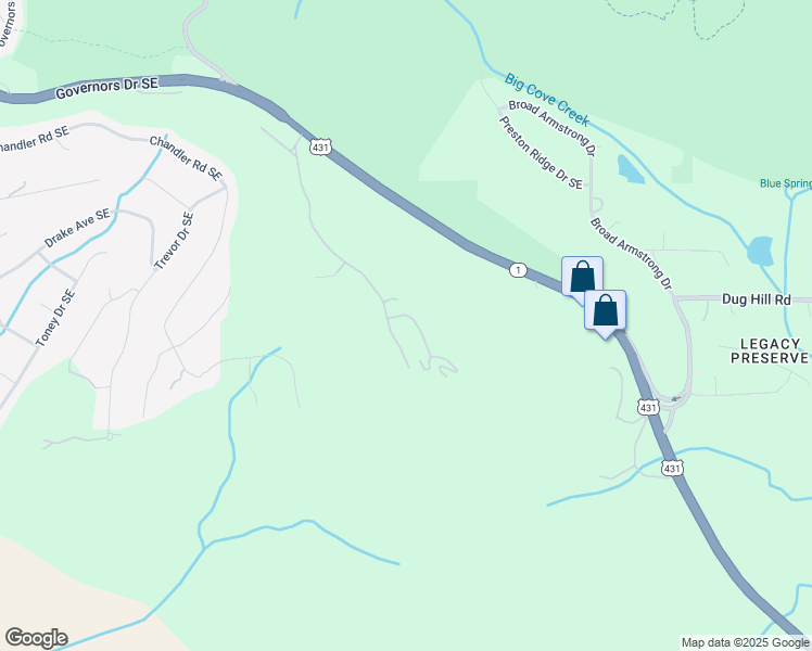 map of restaurants, bars, coffee shops, grocery stores, and more near 27 Asbury Road Southeast in Huntsville