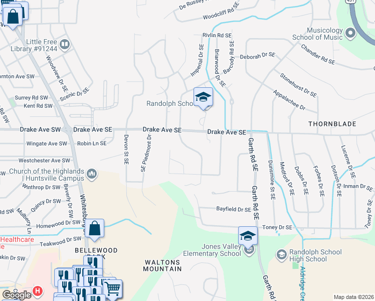 map of restaurants, bars, coffee shops, grocery stores, and more near 3009 Barcody Road Southeast in Huntsville