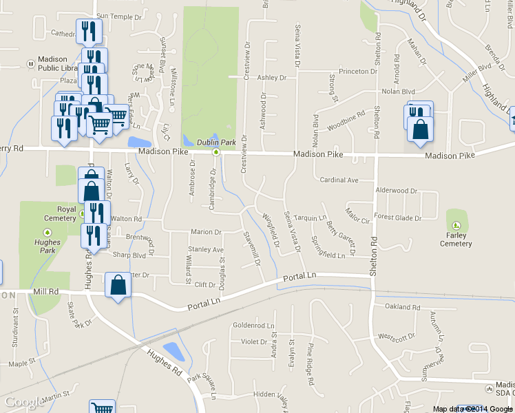 map of restaurants, bars, coffee shops, grocery stores, and more near 127 Wingfield Drive in Madison