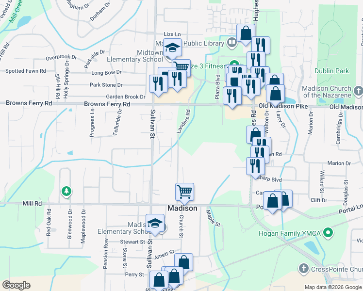 map of restaurants, bars, coffee shops, grocery stores, and more near 120 Sarah Hughes Drive in Madison