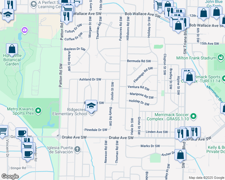 map of restaurants, bars, coffee shops, grocery stores, and more near 3210 Joslin Street Southwest in Huntsville