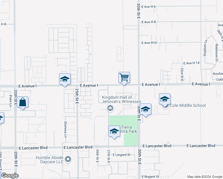 map of restaurants, bars, coffee shops, grocery stores, and more near 849 East Avenue I in Lancaster