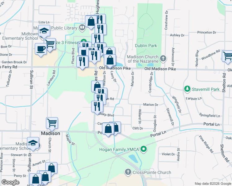 map of restaurants, bars, coffee shops, grocery stores, and more near 603 Larry Circle in Madison