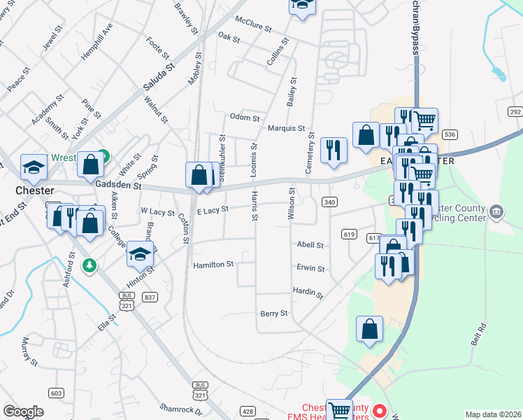map of restaurants, bars, coffee shops, grocery stores, and more near 158 East Lacy Street in Chester