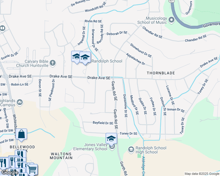 map of restaurants, bars, coffee shops, grocery stores, and more near 4104 Huntington Road Southeast in Huntsville