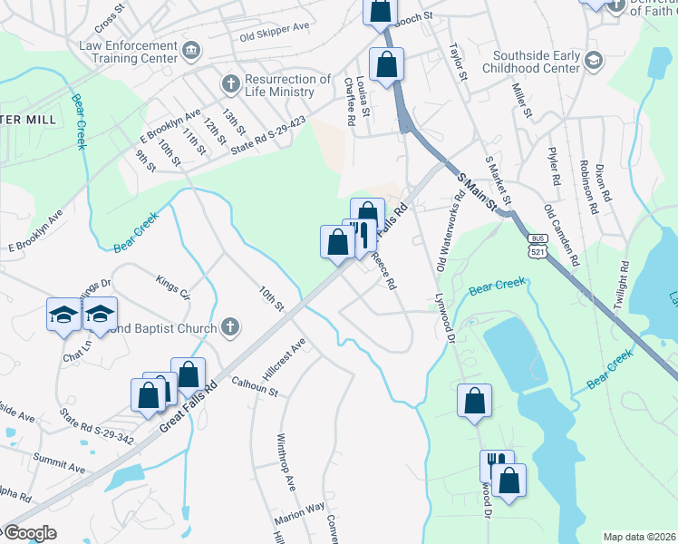 map of restaurants, bars, coffee shops, grocery stores, and more near 235 Great Falls Highway in Lancaster