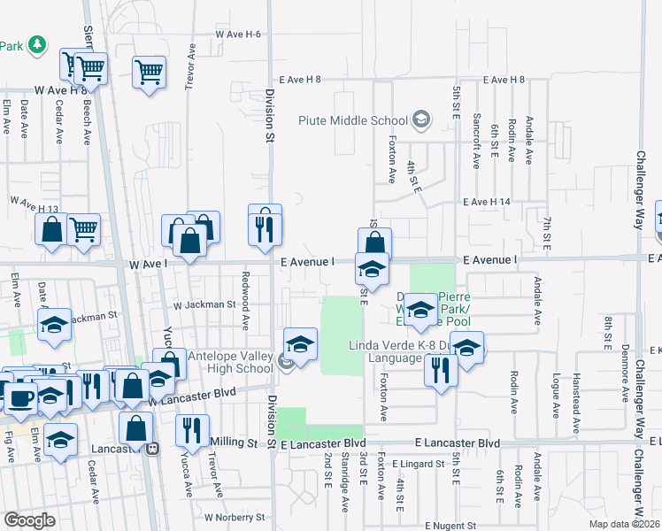 map of restaurants, bars, coffee shops, grocery stores, and more near 230 East Avenue I in Lancaster