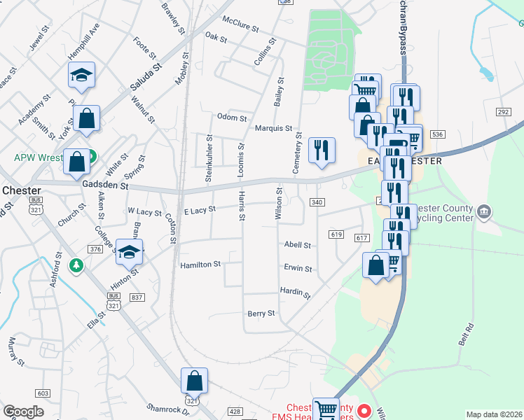 map of restaurants, bars, coffee shops, grocery stores, and more near 171 East Lacy Street in Chester