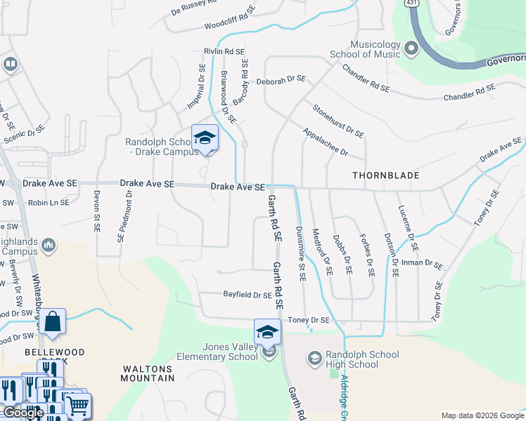 map of restaurants, bars, coffee shops, grocery stores, and more near 4104 Huntington Road Southeast in Huntsville