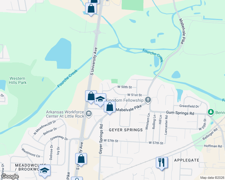 map of restaurants, bars, coffee shops, grocery stores, and more near 5901 Maureen Drive in Little Rock