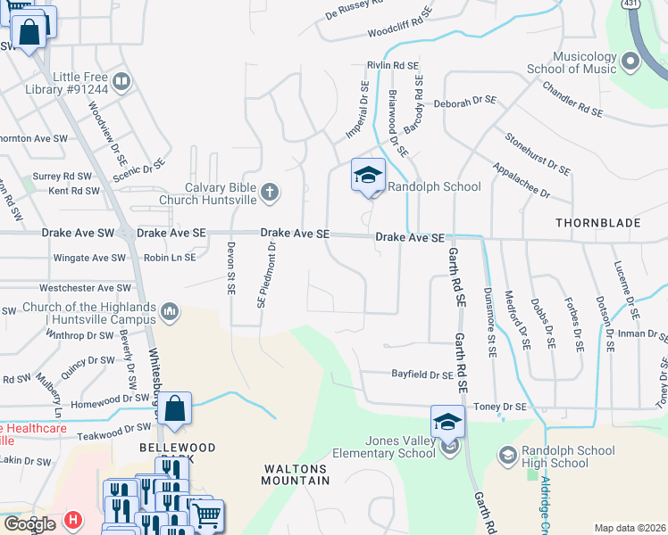 map of restaurants, bars, coffee shops, grocery stores, and more near 3004 Barcody Road Southeast in Huntsville