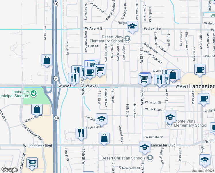 map of restaurants, bars, coffee shops, grocery stores, and more near 1830 West Avenue I in Lancaster