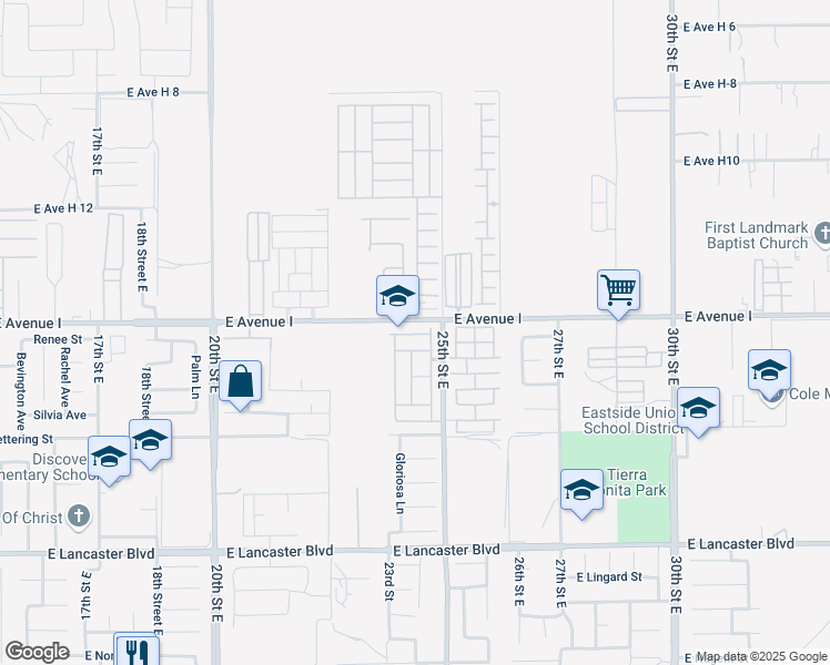 map of restaurants, bars, coffee shops, grocery stores, and more near 45111 25th Street East in Lancaster