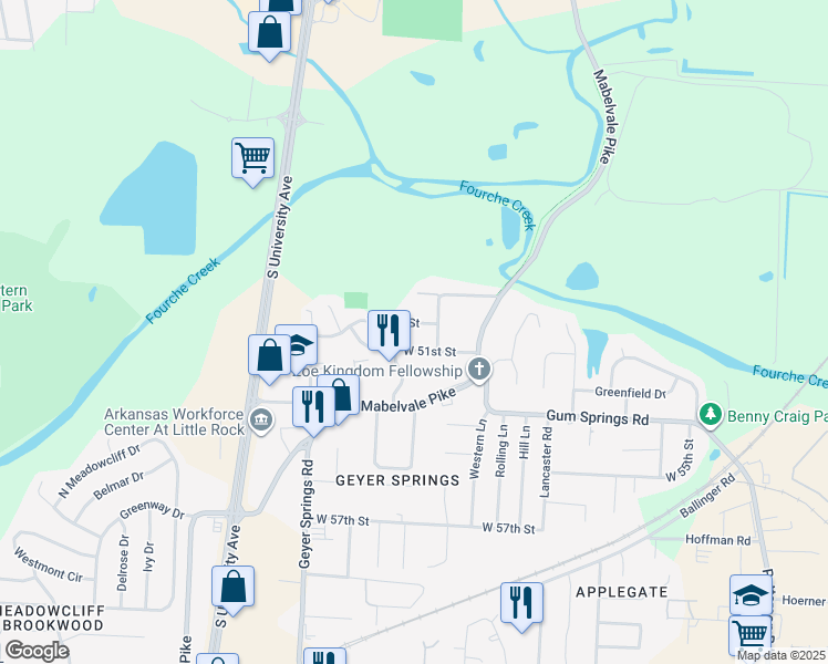 map of restaurants, bars, coffee shops, grocery stores, and more near 5701 West 50th Street in Little Rock