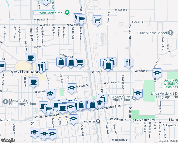 map of restaurants, bars, coffee shops, grocery stores, and more near 515 West Avenue I in Lancaster