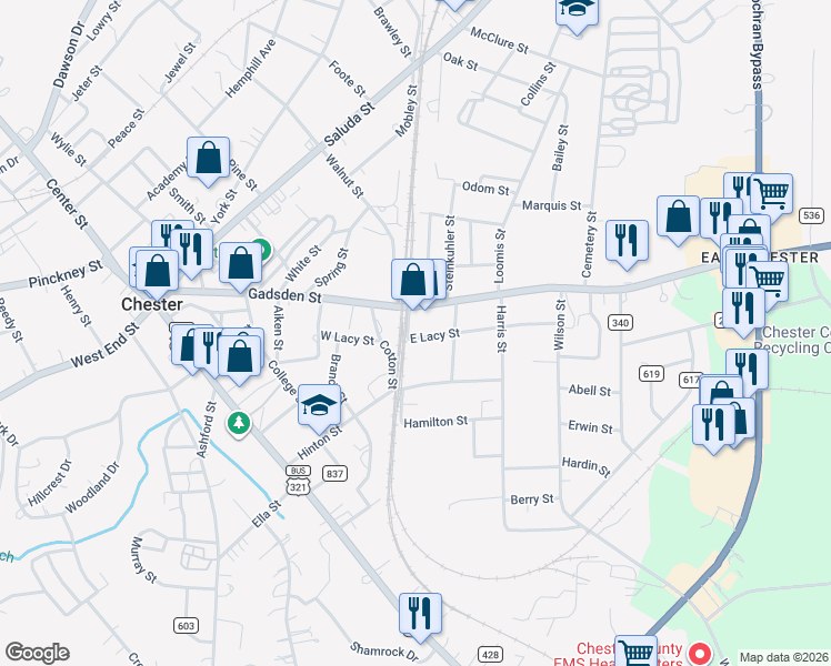 map of restaurants, bars, coffee shops, grocery stores, and more near 134 East Lacy Street in Chester