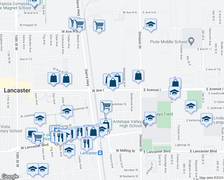 map of restaurants, bars, coffee shops, grocery stores, and more near Trevor Avenue in Lancaster