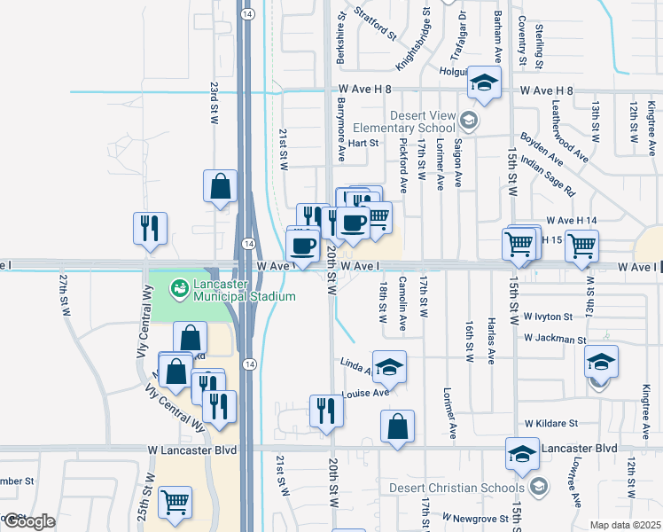 map of restaurants, bars, coffee shops, grocery stores, and more near 1998 West Avenue I in Lancaster