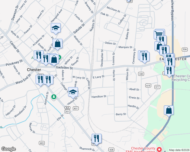 map of restaurants, bars, coffee shops, grocery stores, and more near 134 E Lacy St in Chester
